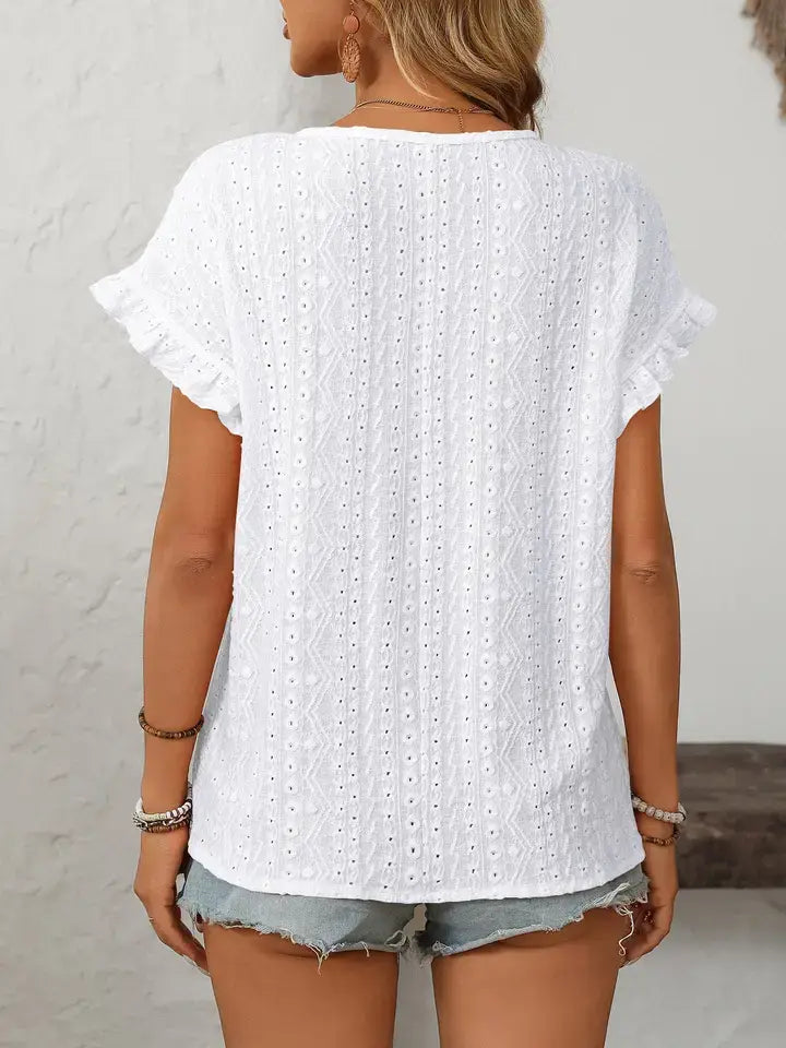 Solid Color Crewneck Hollow-Out Short-Sleeve Top: Turquoise S