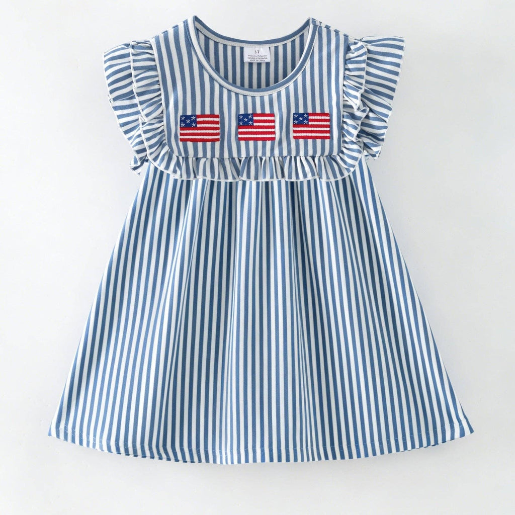 Blue Stripe American Flag Twirl Dress | Girls Patriotic Ruffle Dress