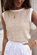 Oatmeal Floral Textured Crew Neck Tank Top: Oatmeal / 97%Polyester+3%Elastane / S