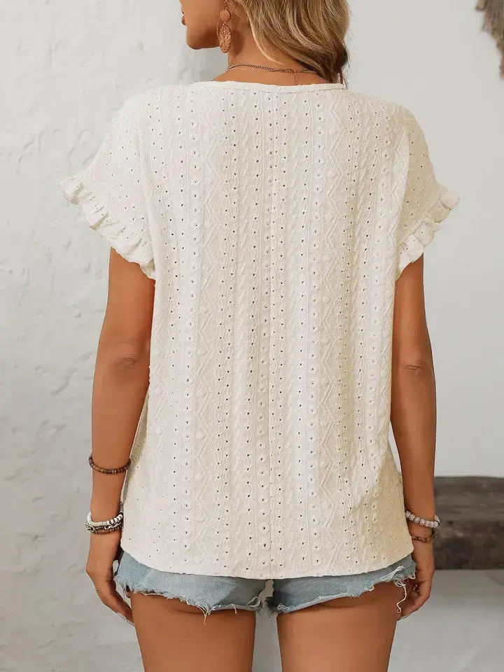 Solid Color Crewneck Hollow-Out Short-Sleeve Top: Turquoise S