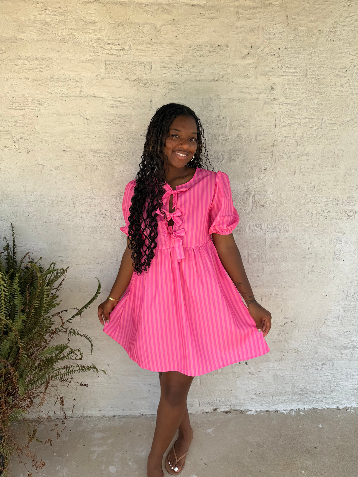 Rose Striped Print Bow Detail Short Puff Sleeve Mini Dress
