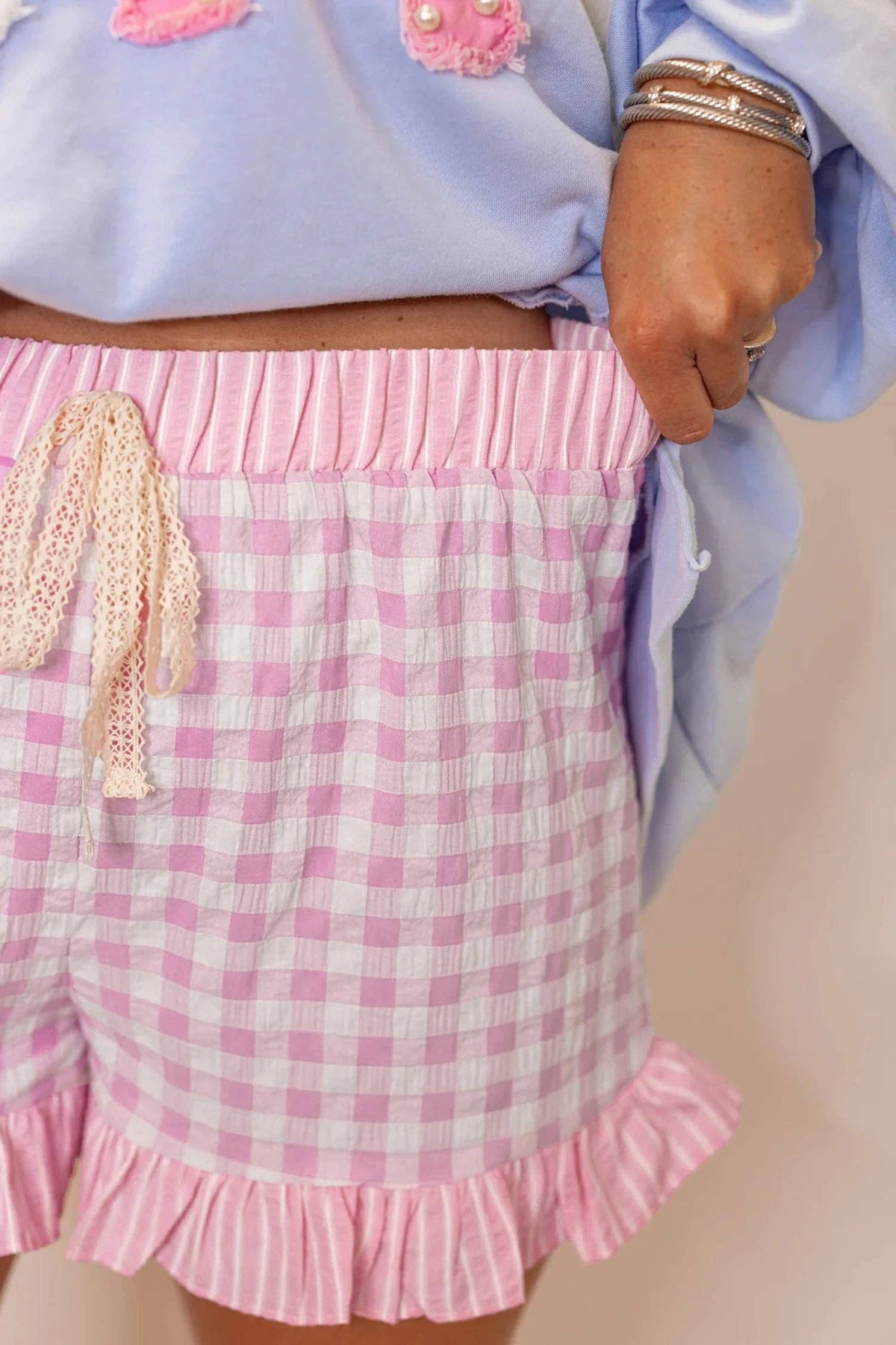 Pink Gingham Print Ruffled Shorts