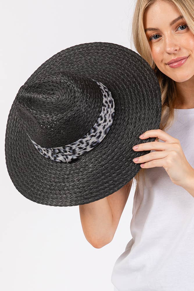 Leopard Trim Band Summer Straw Sun Hat