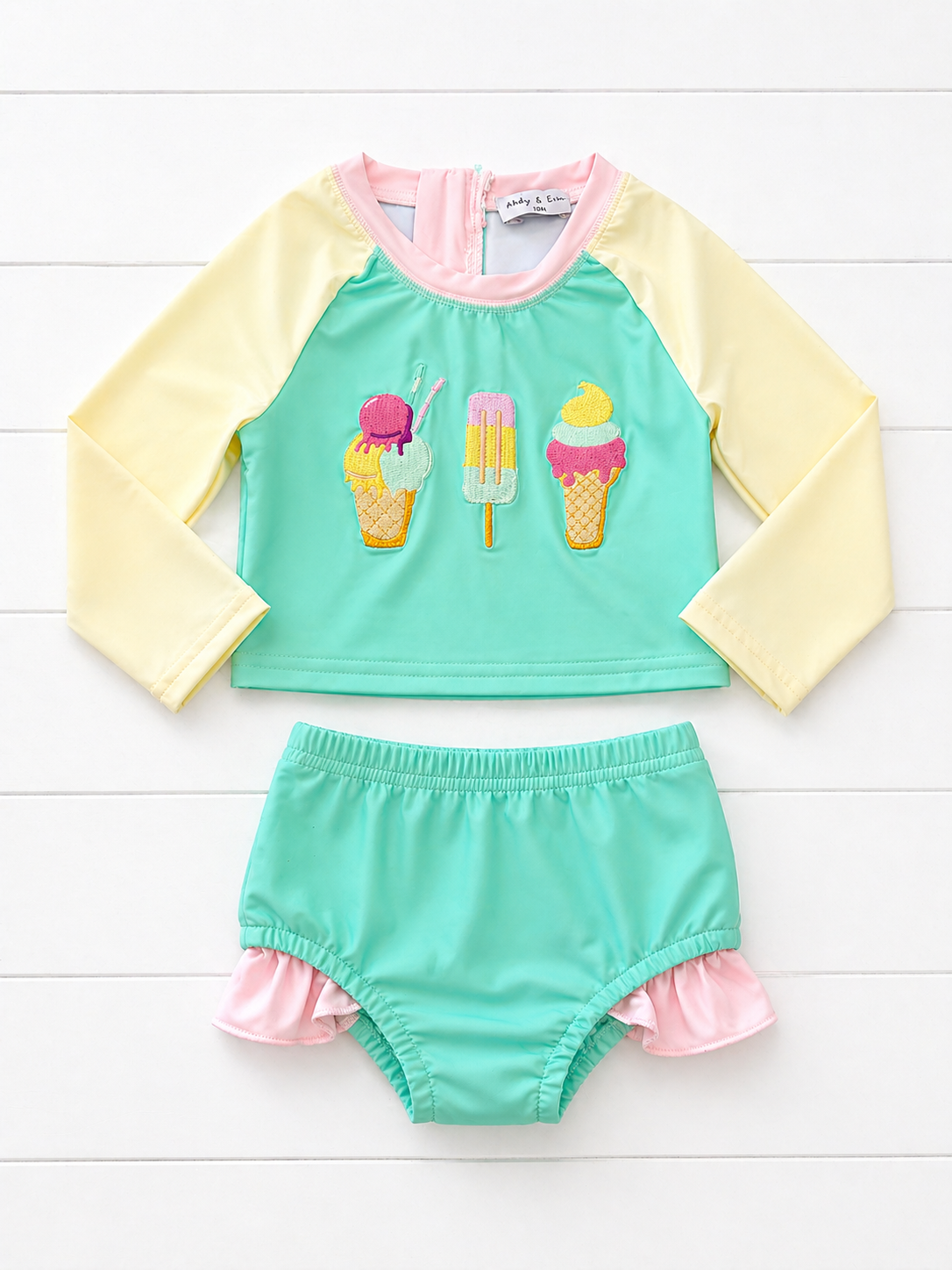 Color Block Ice Cream Embroidery 2pc Swimsuit