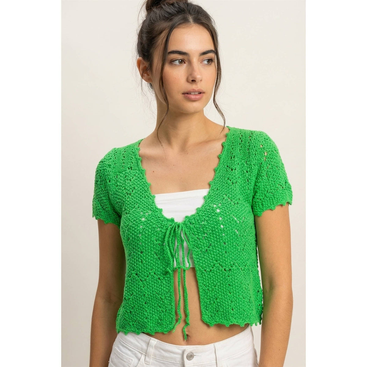 Pointelle Tie Front Knit Cardigan