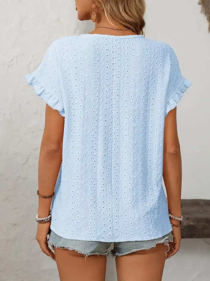 Solid Color Crewneck Hollow-Out Short-Sleeve Top: Turquoise blue / 65%Polyester+30%Viscose+5%Elastane / XL