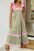 LAS Floral Print Stripe Detail Knot Straps Maxi Dress (S-XL): Green / Missy / M