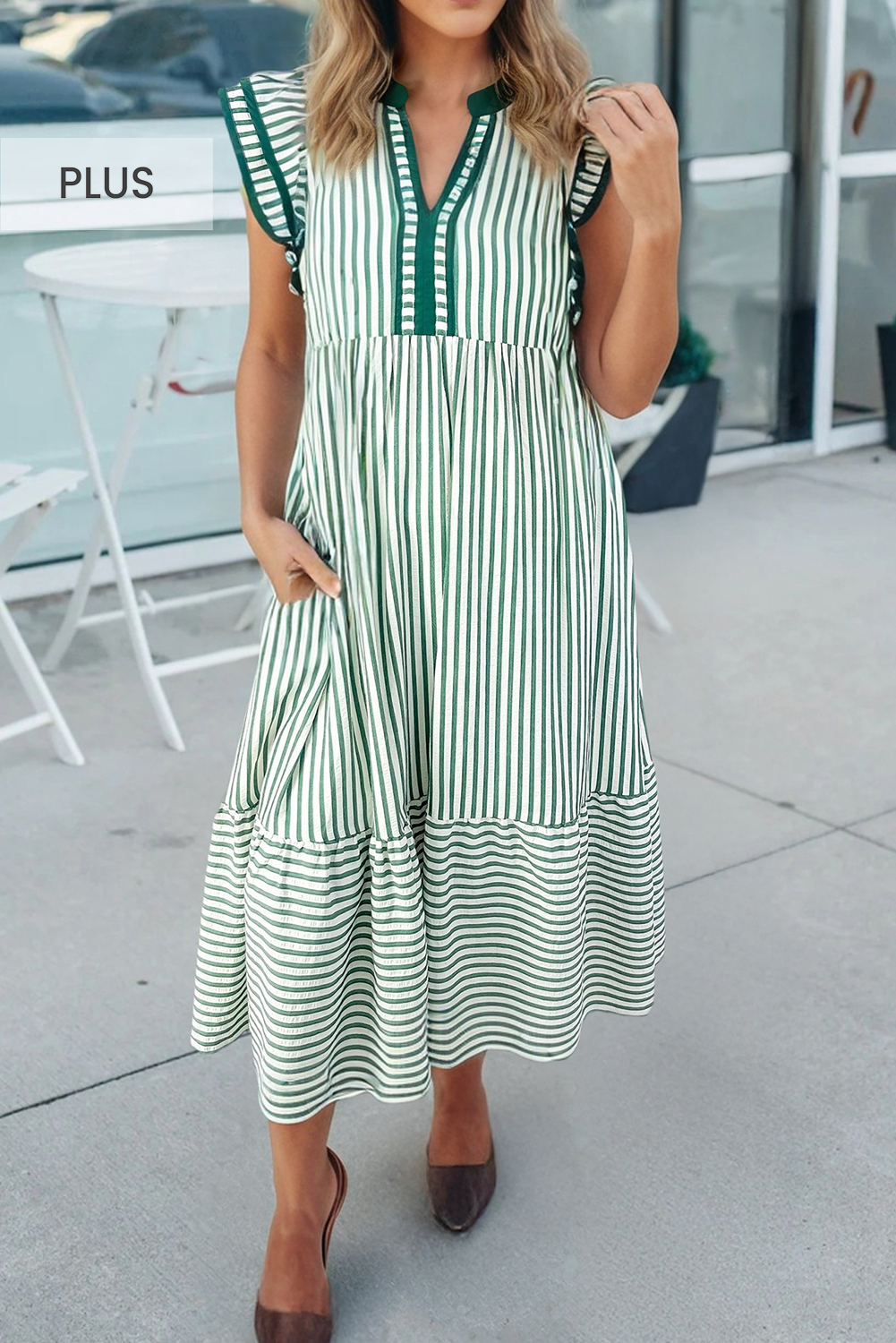 Plus Size Stripe V Neck Tiered Flutter Sleeve Maxi Dress: Brown Stripe / Plus Size / Plus-3X