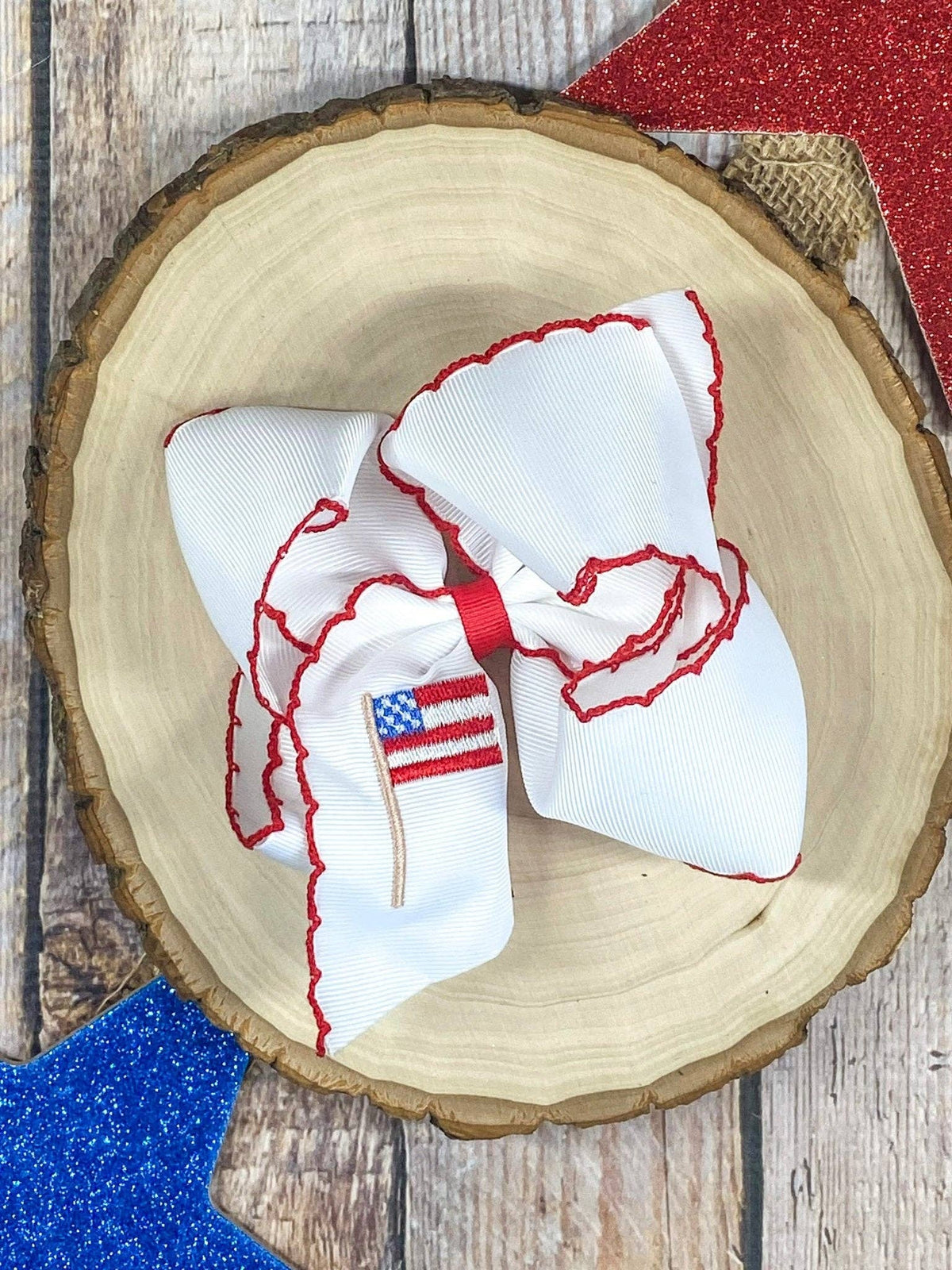 American Flag Embroidered Moonstitch Hair Bow | Clip or Headband
