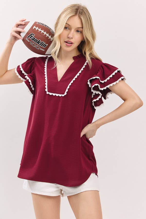 Ruffle Sleeve Scallop Trim Top