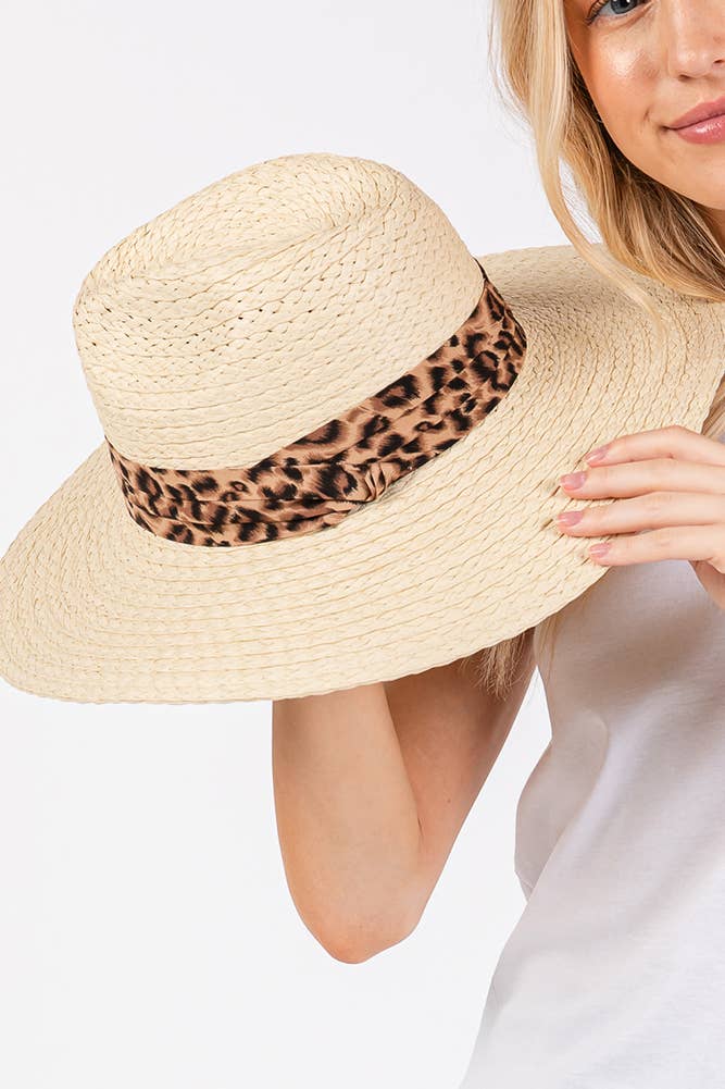 Leopard Trim Band Summer Straw Sun Hat