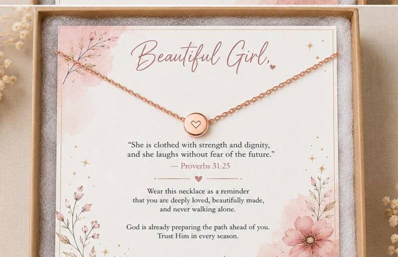 Gold Heart Necklace for Women, Christian Gift for Her, Proverbs 31:25 Jewelry, Faith Based Necklace, Meaningful Graduation Gift