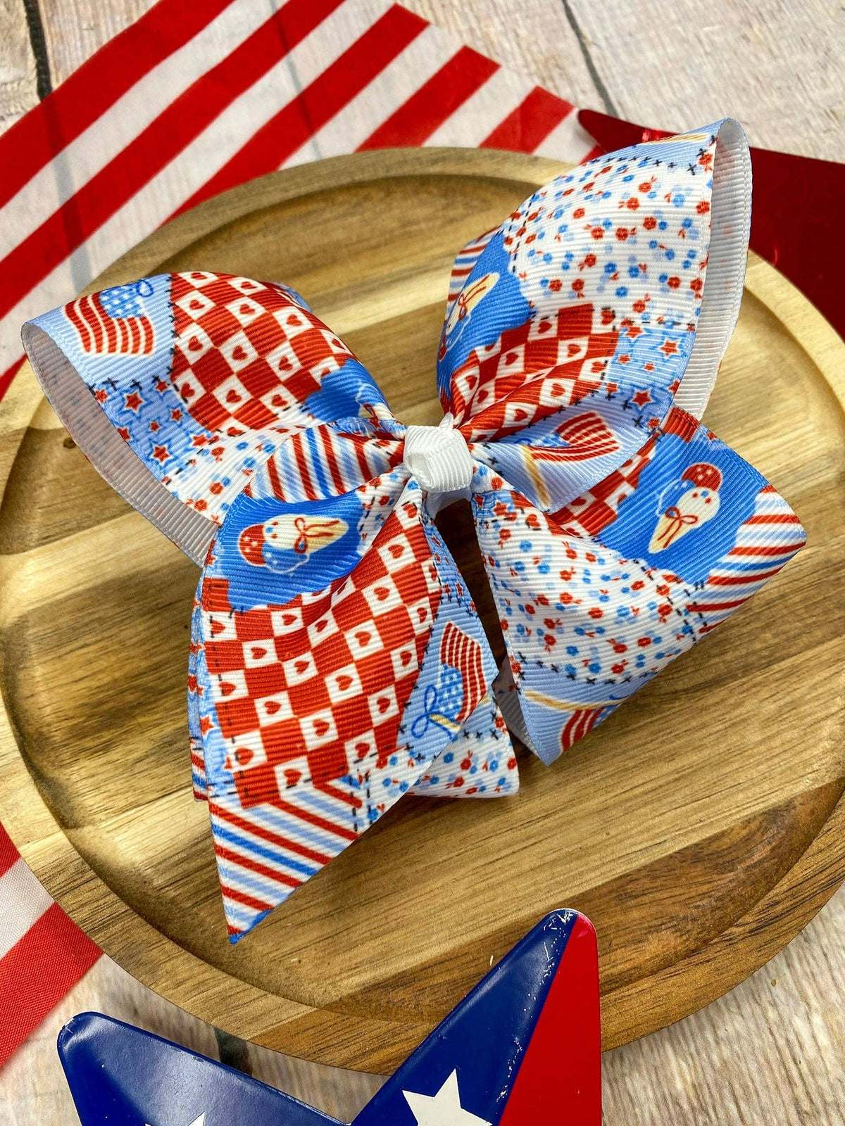 Red White & Blue Patchwork Classic Hair Bow | Clip or Headband