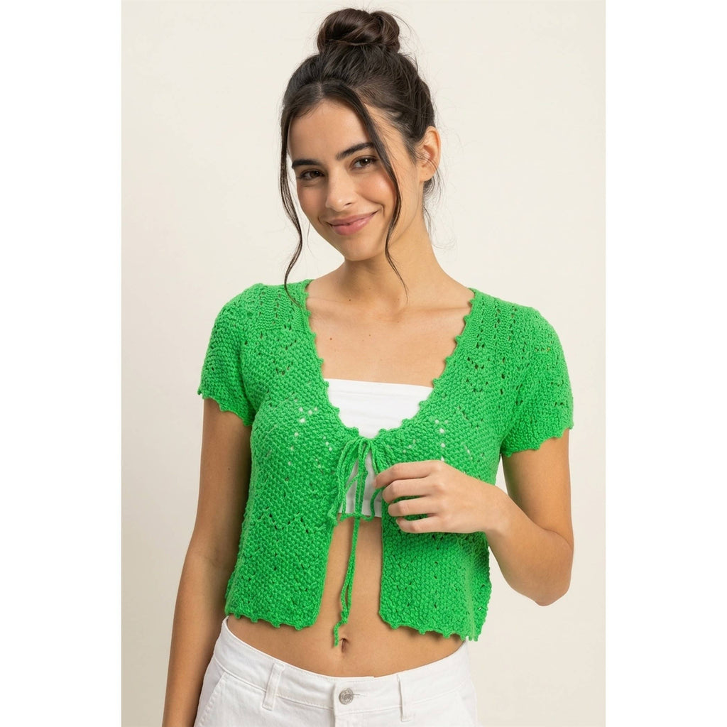 Pointelle Tie Front Knit Cardigan