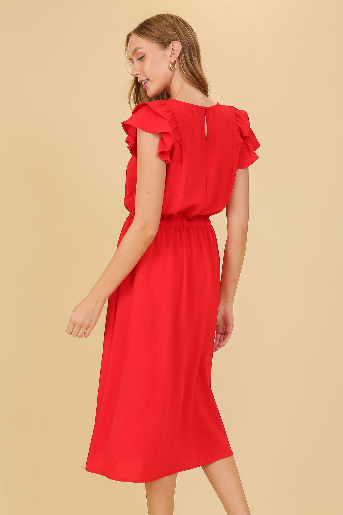 Cap Ruffle Tiered Sleeve Airflow Midi Dress