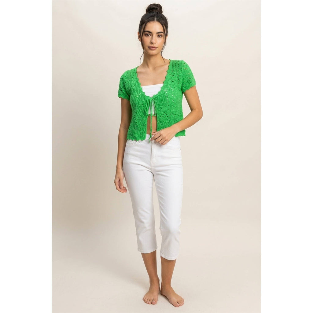 Pointelle Tie Front Knit Cardigan