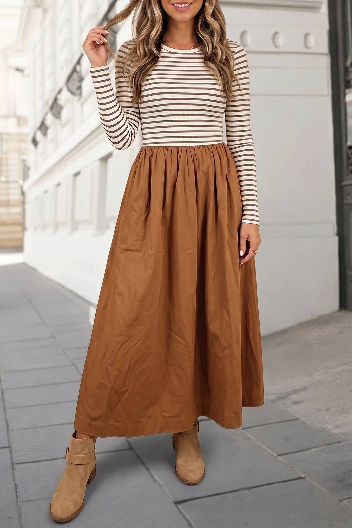 Striped Print Ribbed Knit High Waist Maxi Dress FW26 | S-XL