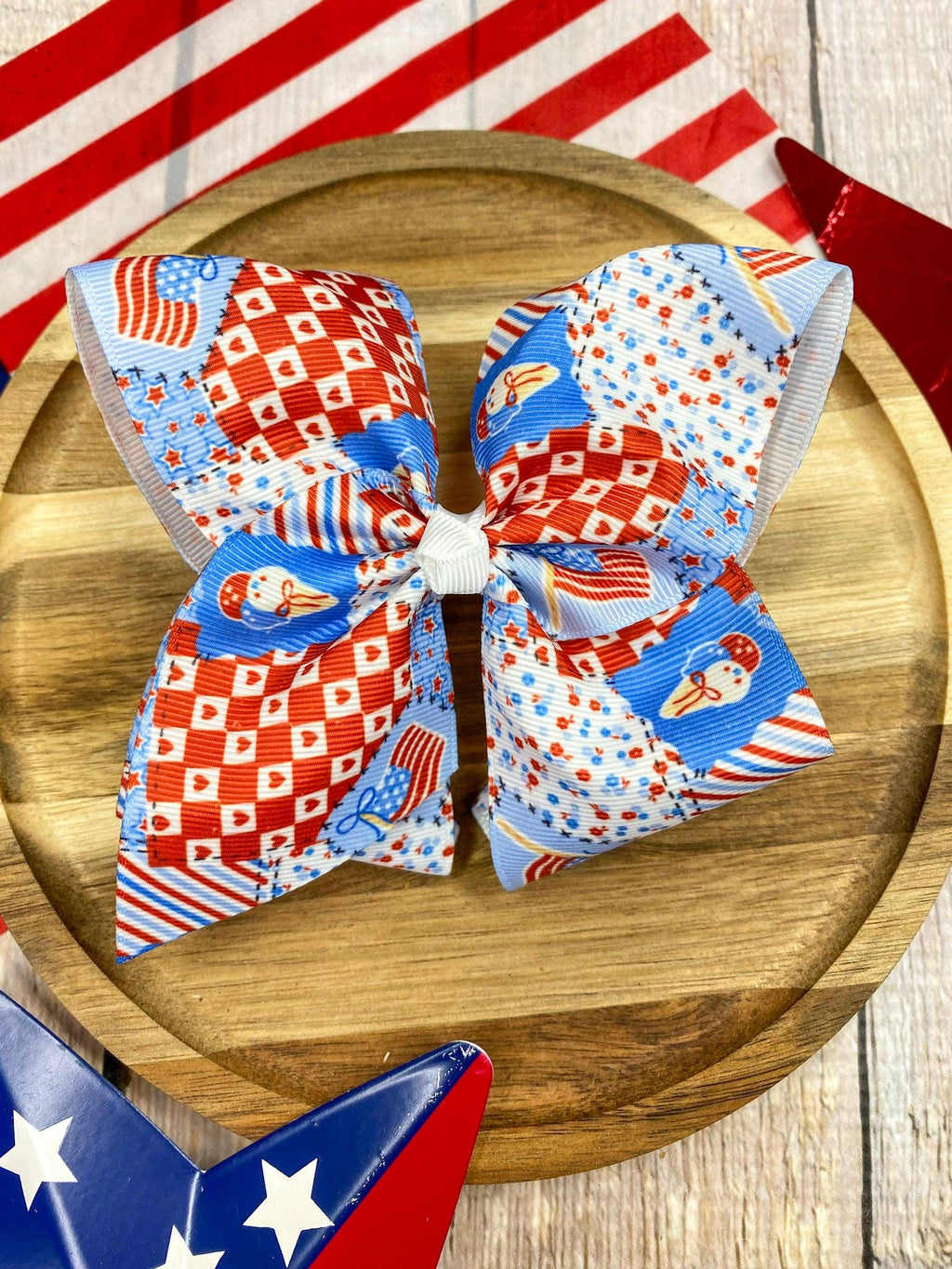 Red White & Blue Patchwork Classic Hair Bow | Clip or Headband