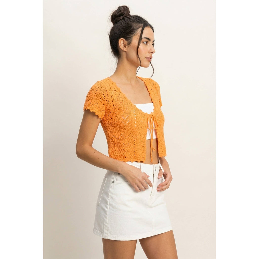 Pointelle Tie Front Knit Cardigan