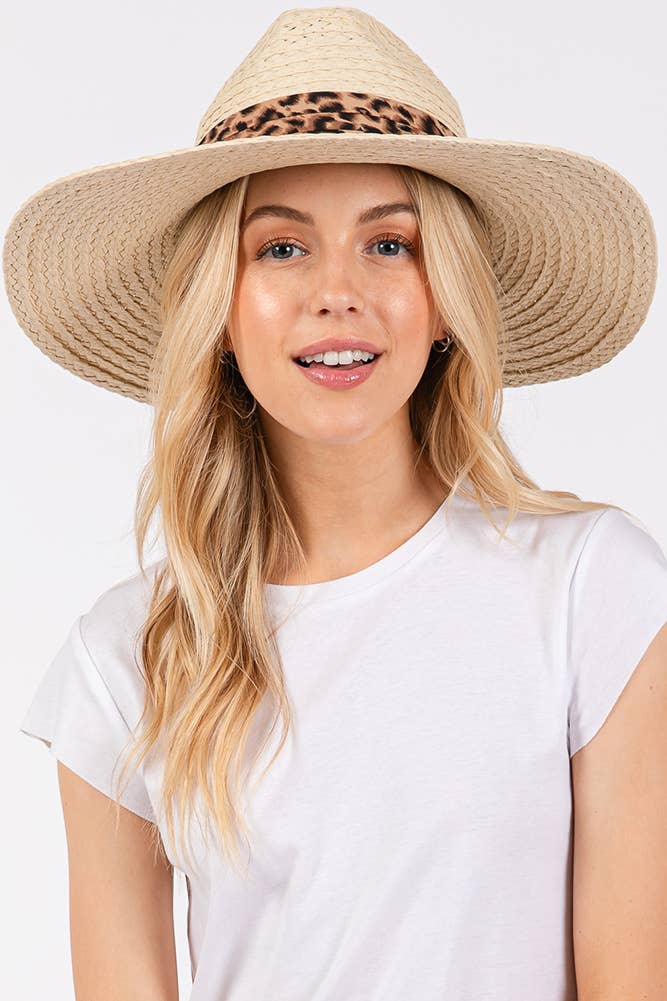 Leopard Trim Band Summer Straw Sun Hat