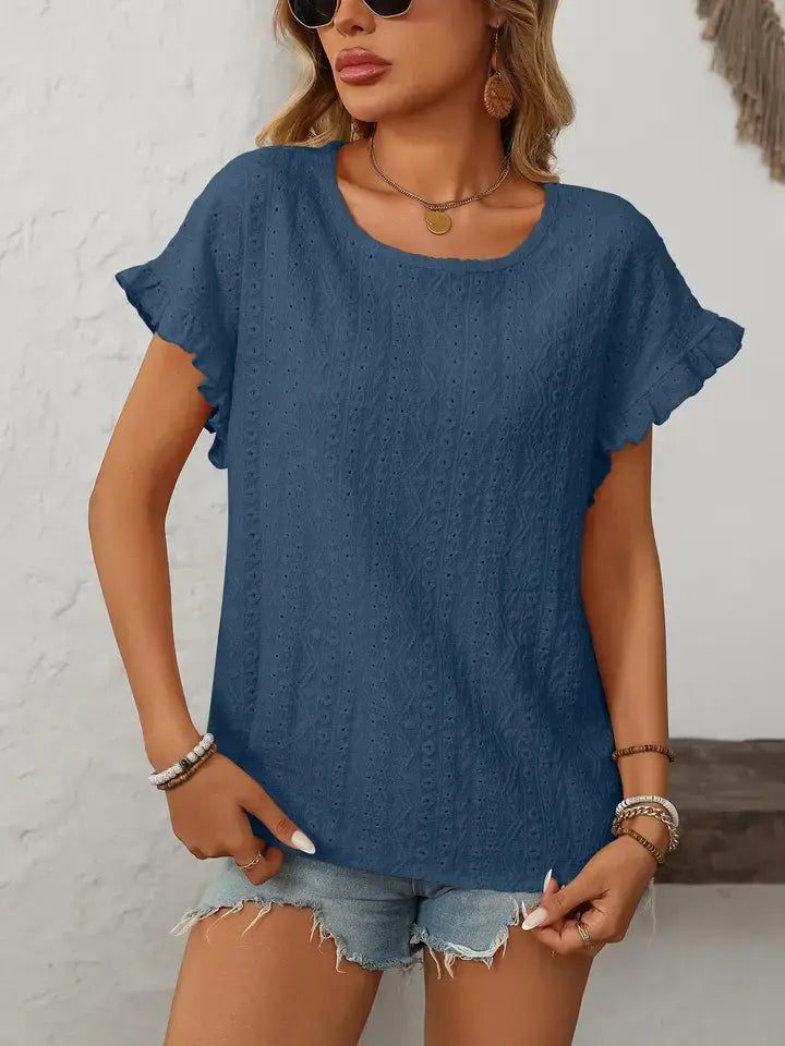 Solid Color Crewneck Hollow-Out Short-Sleeve Top: Turquoise S