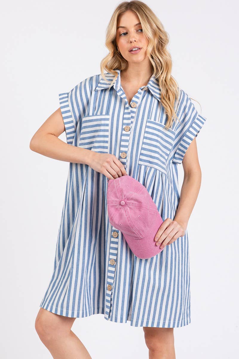 COTTON STRIPED BUTTON DOWN TUNIC DRESS