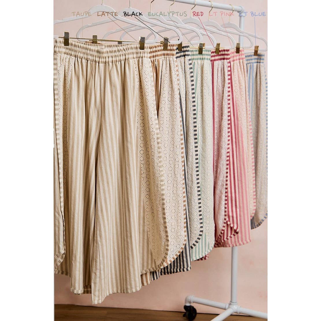 FLORAL EYELET SIDE ELASTIC STRIPES WIDE LEG PANTS