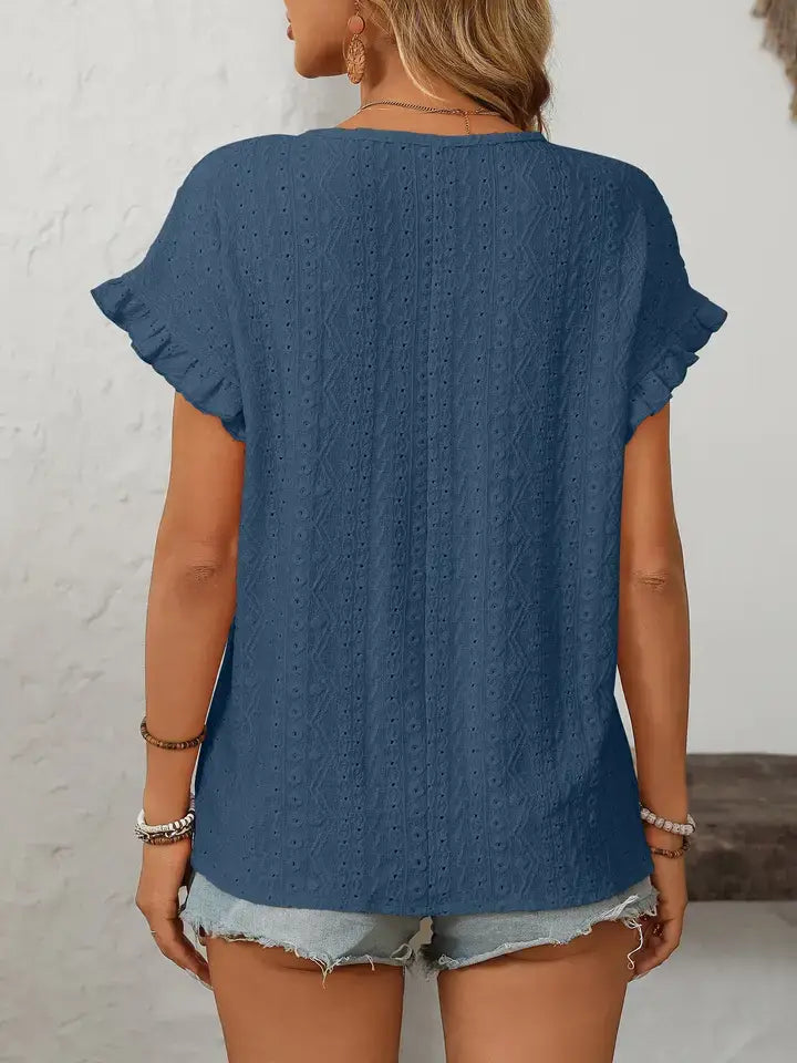 Solid Color Crewneck Hollow-Out Short-Sleeve Top: Turquoise S