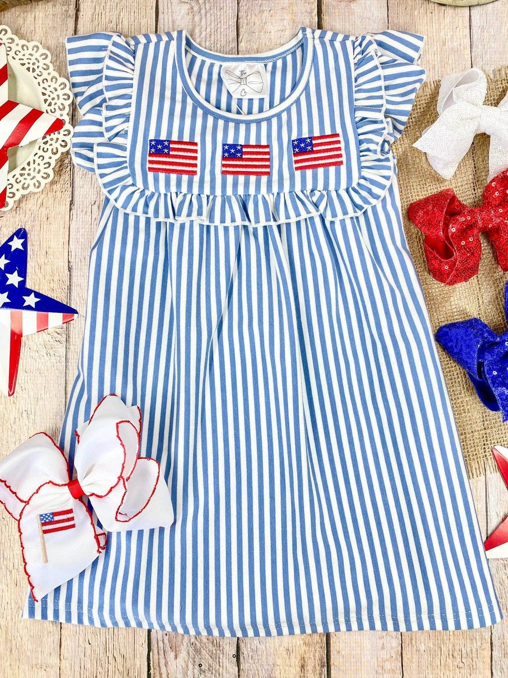 Blue Stripe American Flag Twirl Dress | Girls Patriotic Ruffle Dress