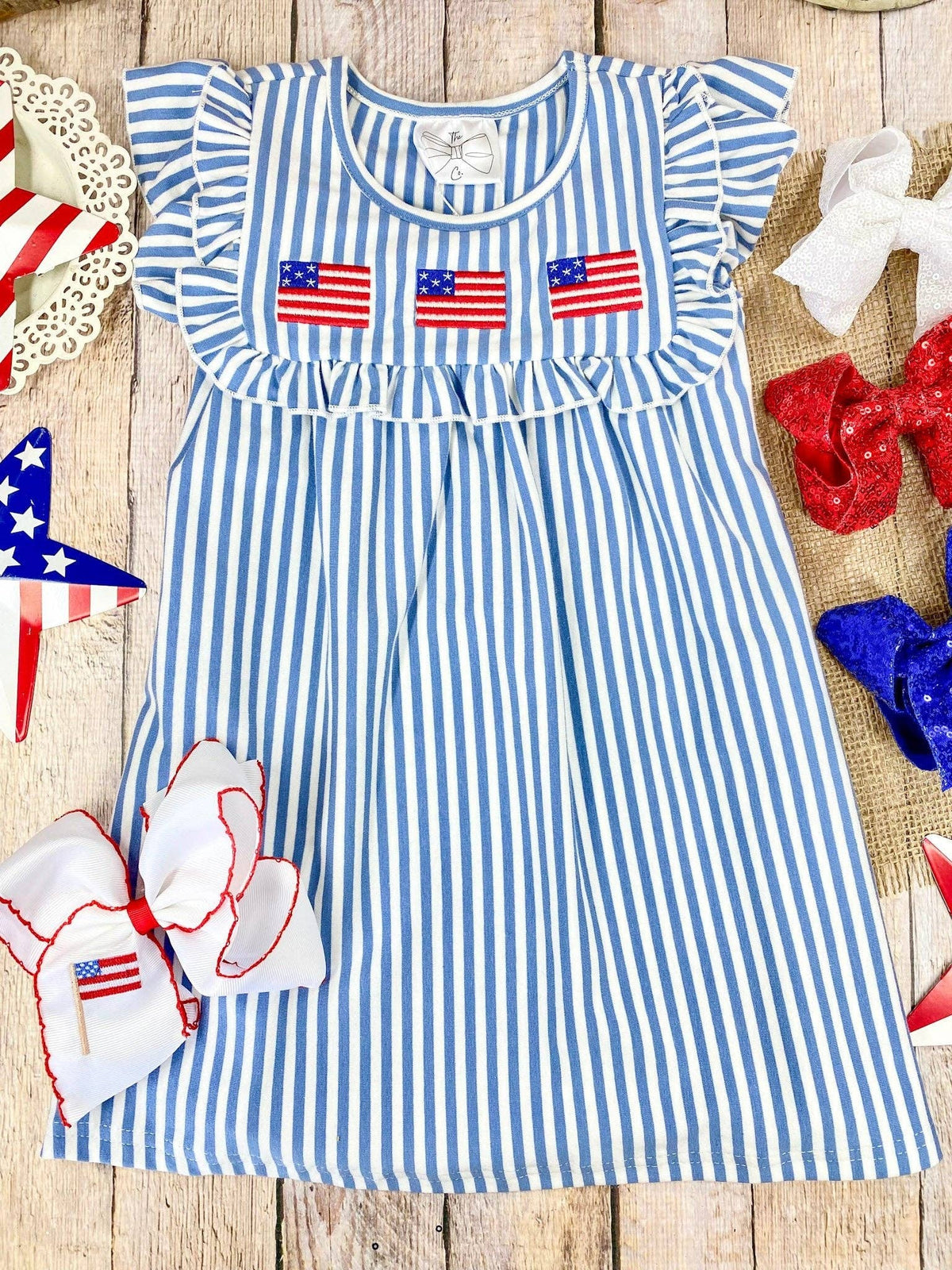 Blue Stripe American Flag Twirl Dress | Girls Patriotic Ruffle Dress