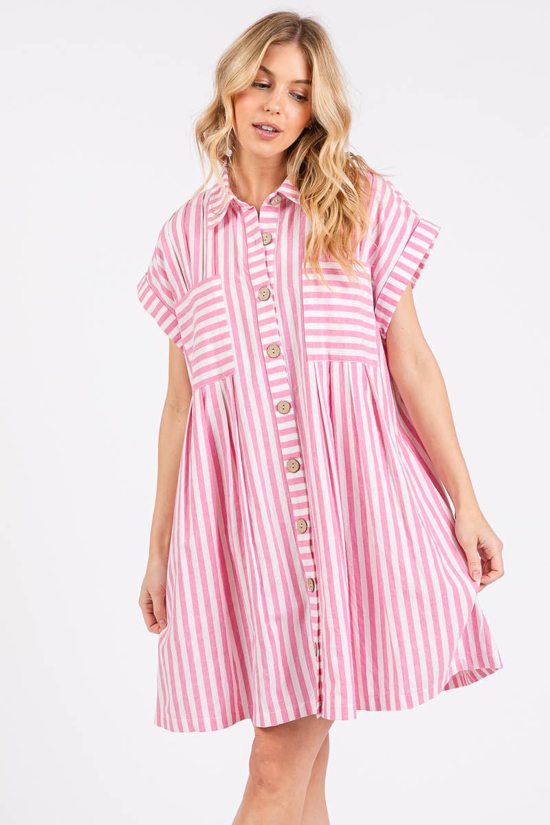 COTTON STRIPED BUTTON DOWN TUNIC DRESS