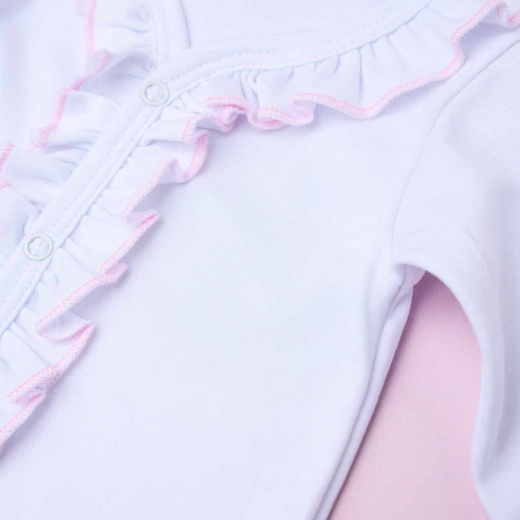 Baby Girl White Ruffle Footie with Pink Trim - Soft Pima Cotton
