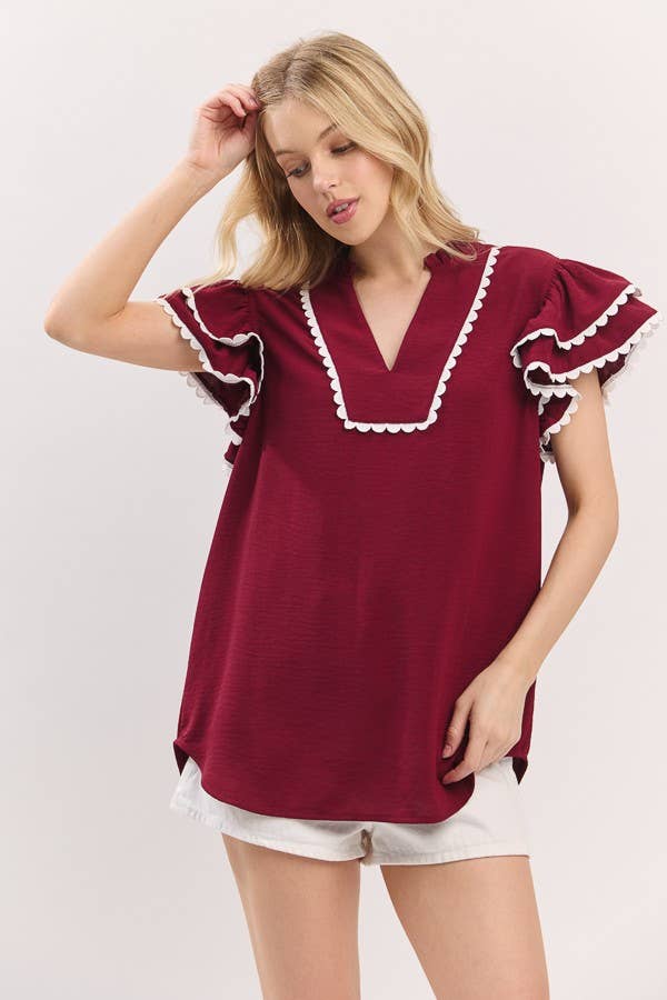 Ruffle Sleeve Scallop Trim Top