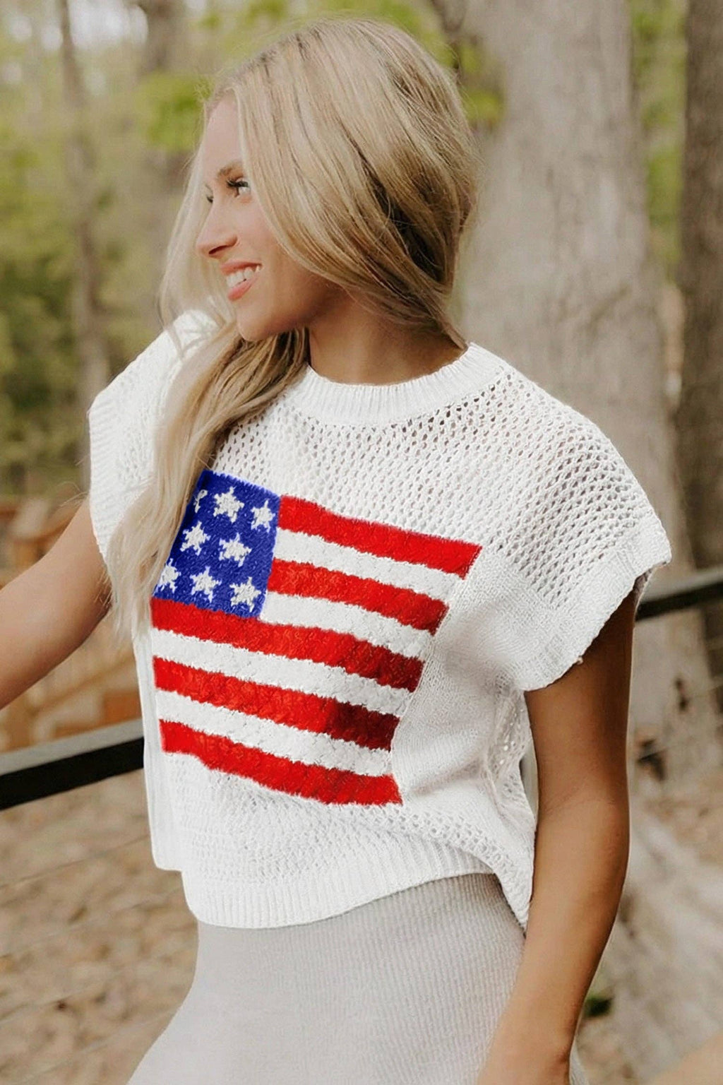 Sky Blue Flag Graphic Short Sleeve Sweater Top: Fiery Red / 100%Acrylic / S