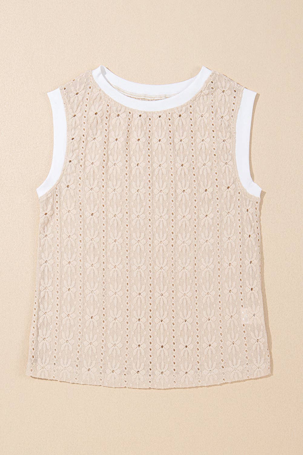 Oatmeal Floral Textured Crew Neck Tank Top: Oatmeal / 97%Polyester+3%Elastane / S