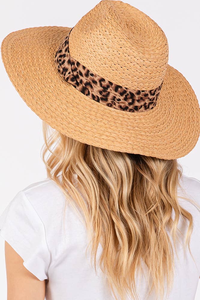 Leopard Trim Band Summer Straw Sun Hat