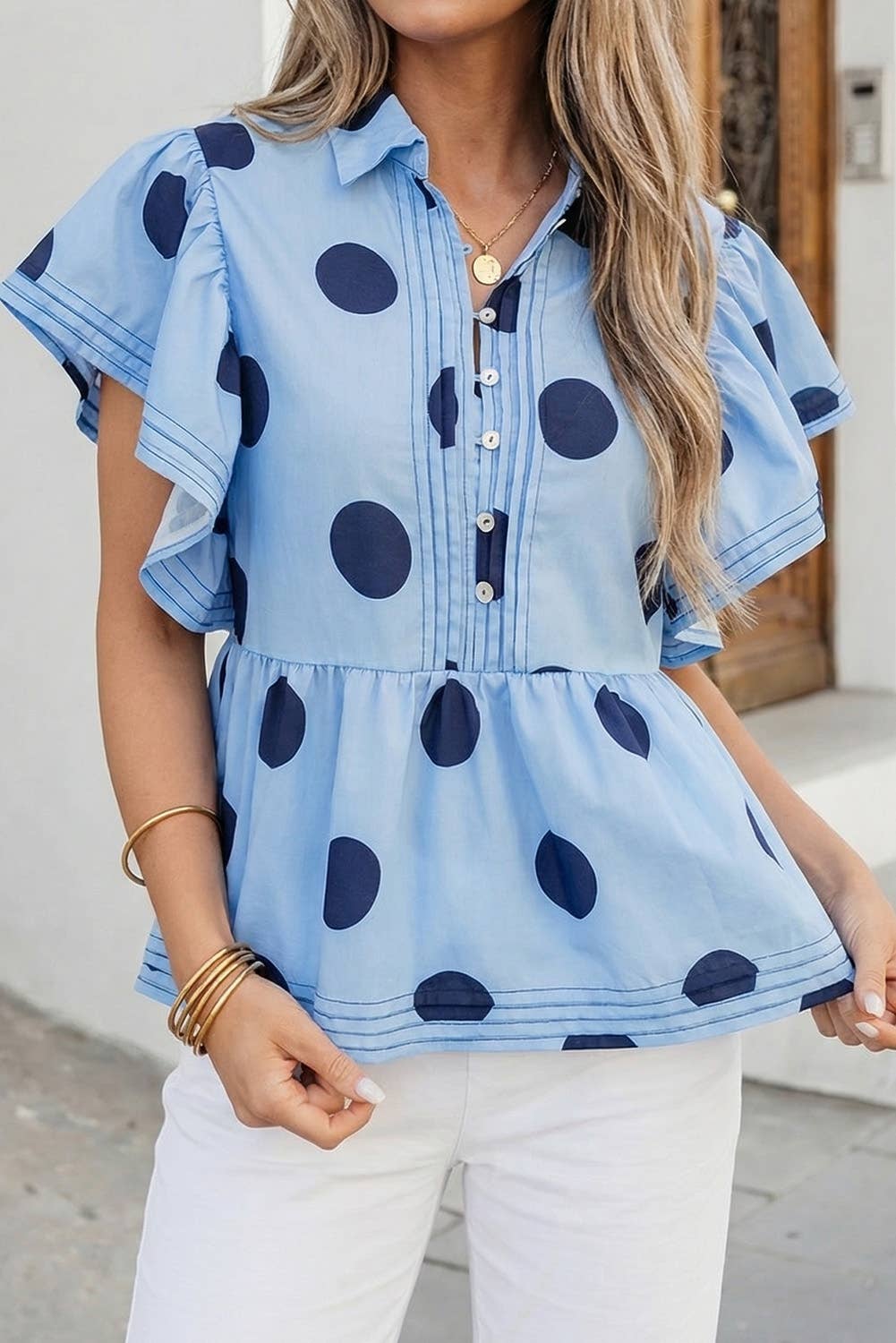 Polka Dot Print Ruffled Buttoned Summer Blouse | S-XL: As shown / Missy / XL