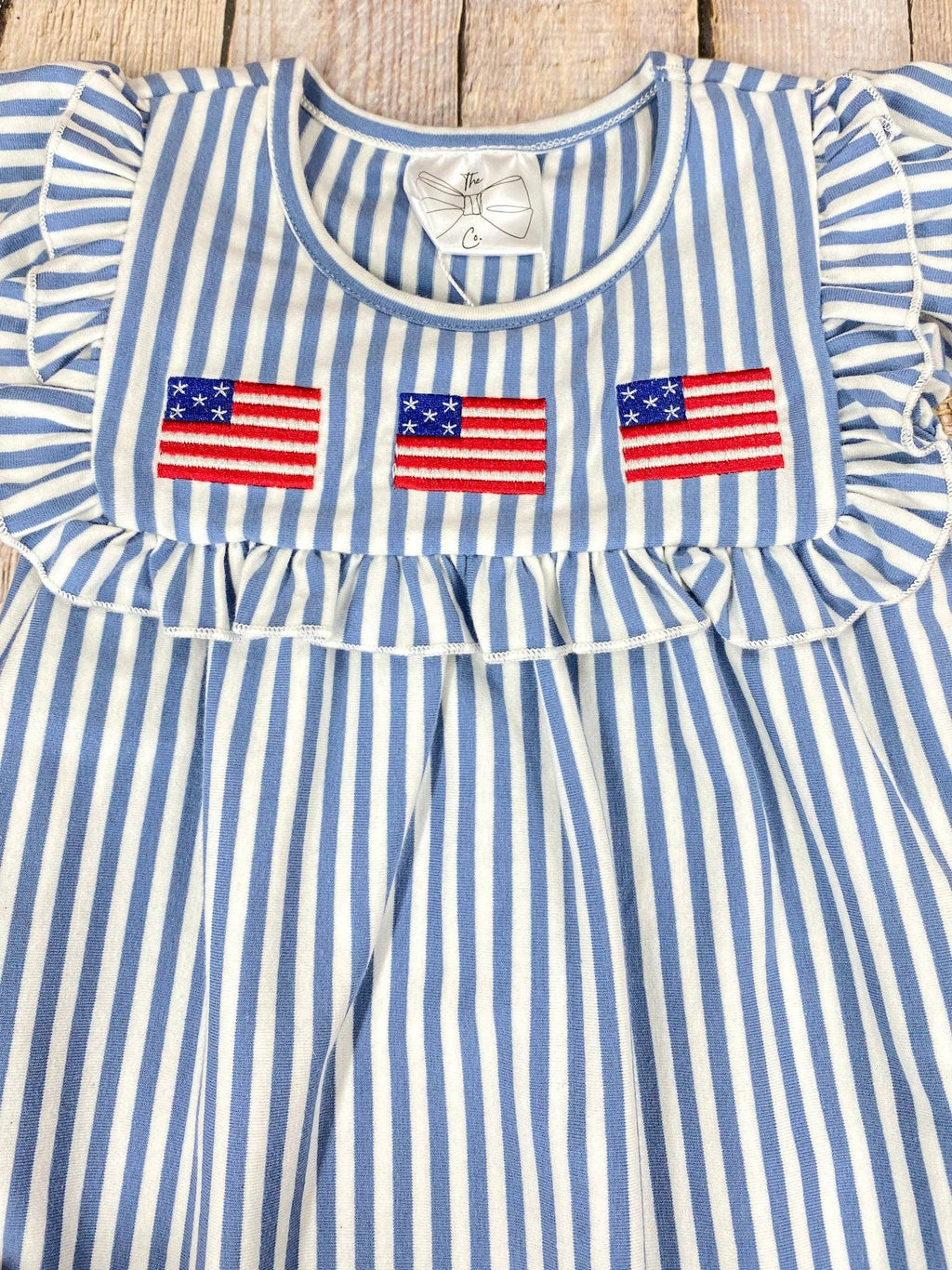 Blue Stripe American Flag Twirl Dress | Girls Patriotic Ruffle Dress
