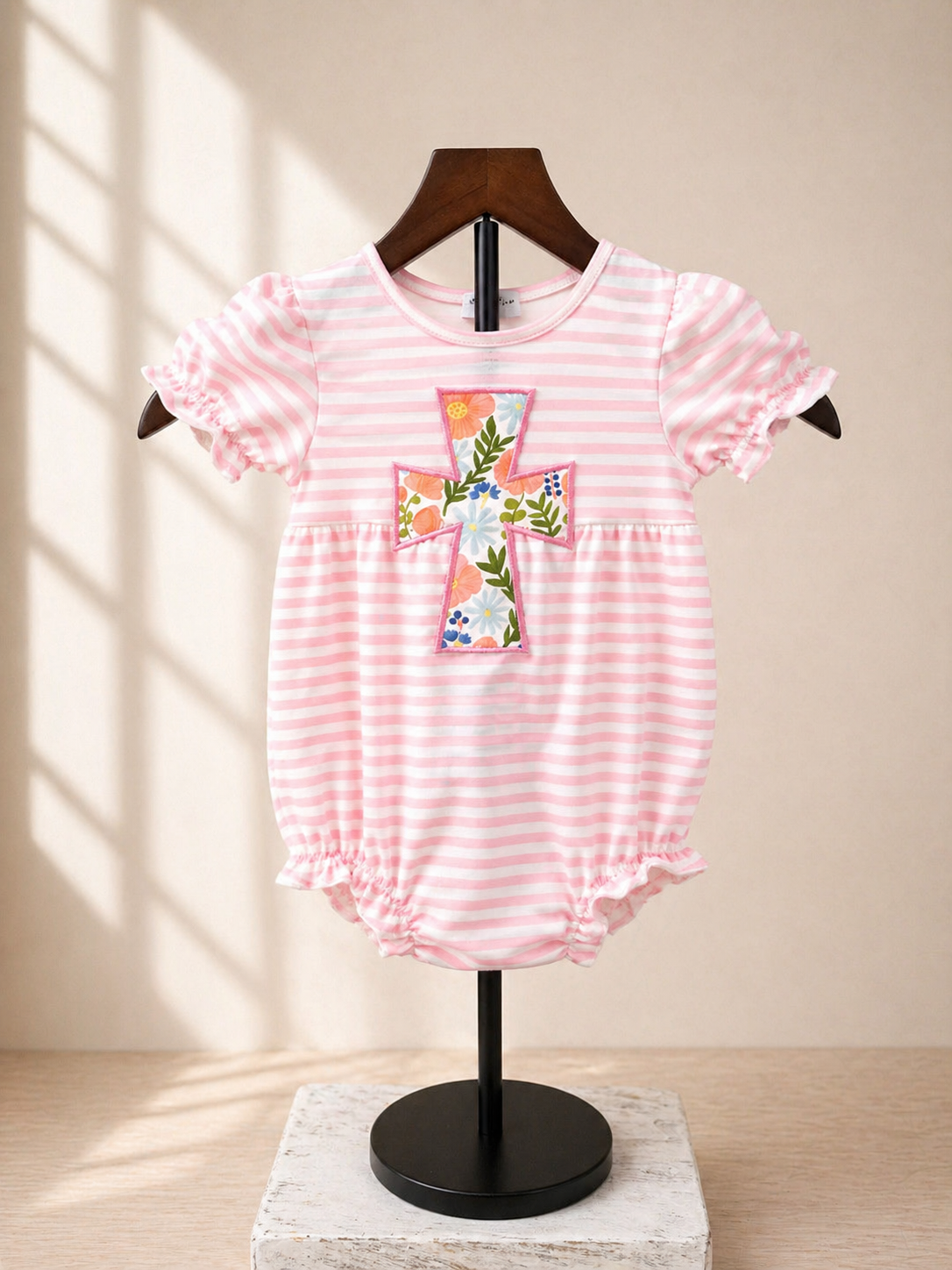 Pink Stripe Cross Appliqué Bubble