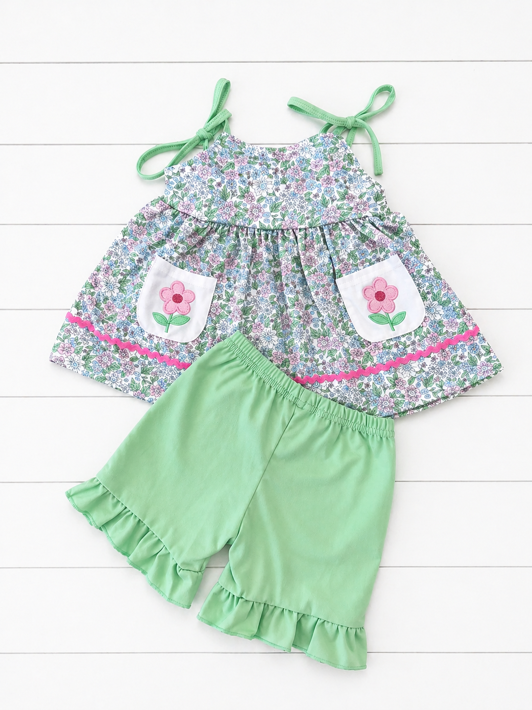 Green Floral Print Ruffle Shorts Set