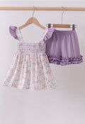 Purple Floral Smocked Ruffle Shorts Set