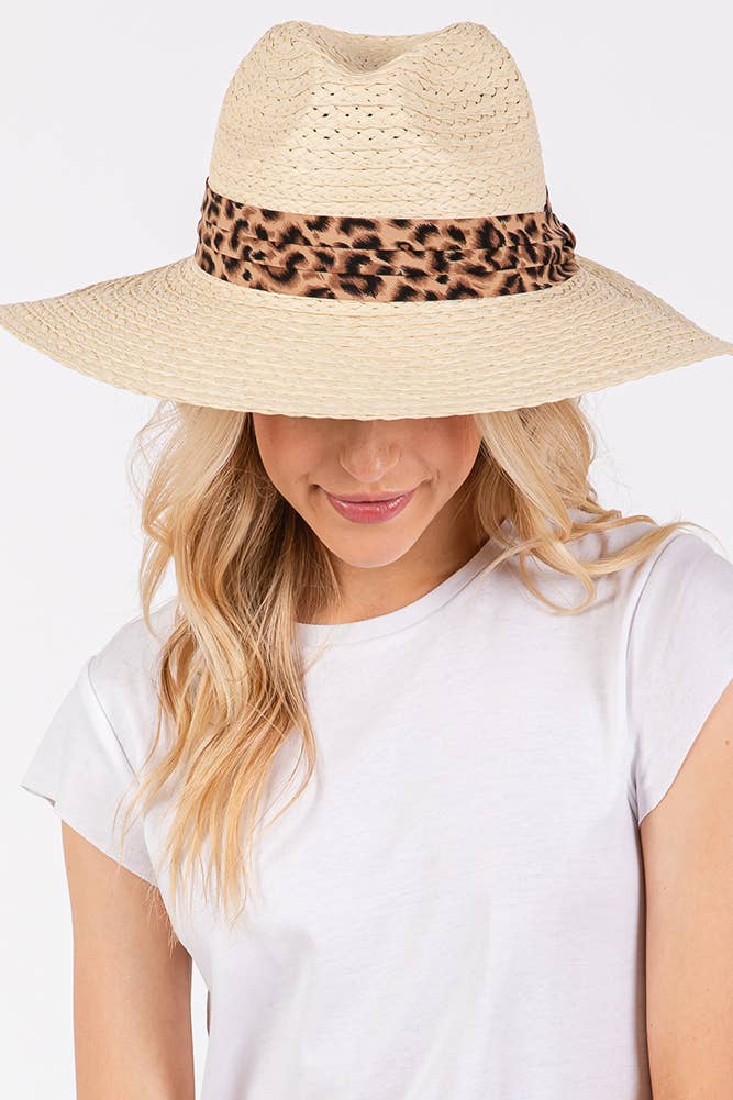 Leopard Trim Band Summer Straw Sun Hat