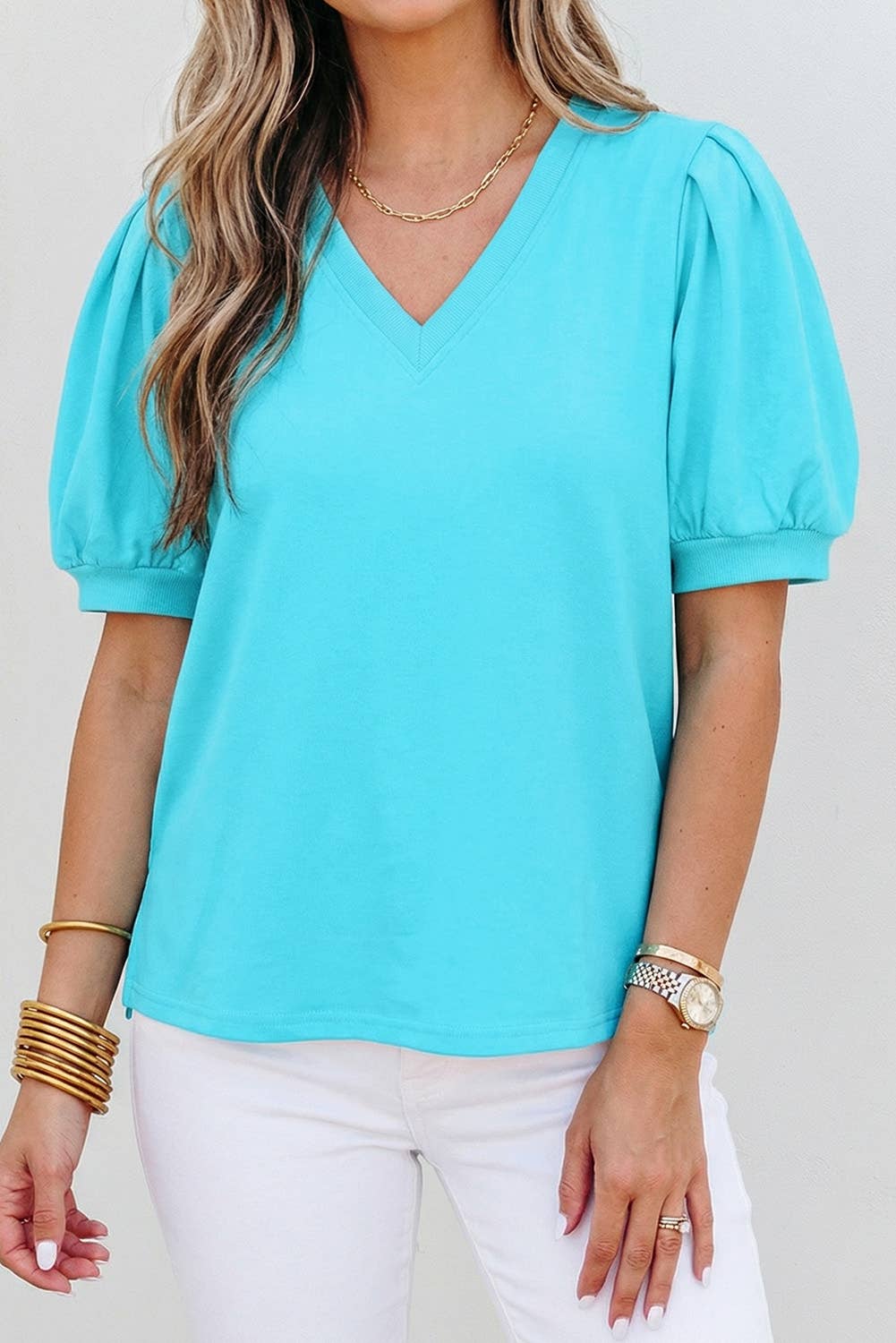 Solid V Neck Short Puff Sleeve Blouse | S-XL: Green / L
