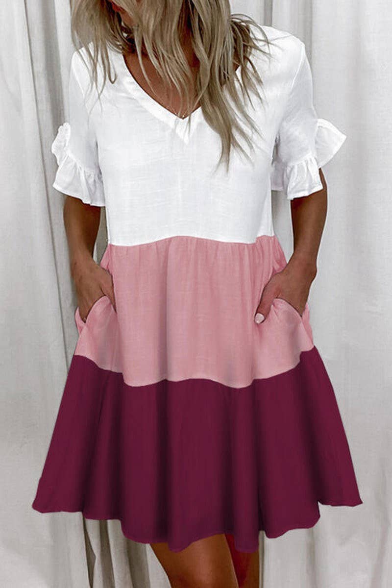 CWDSD8672_FASHION SHORT PRINTED RUFFLE POCKET DRESS