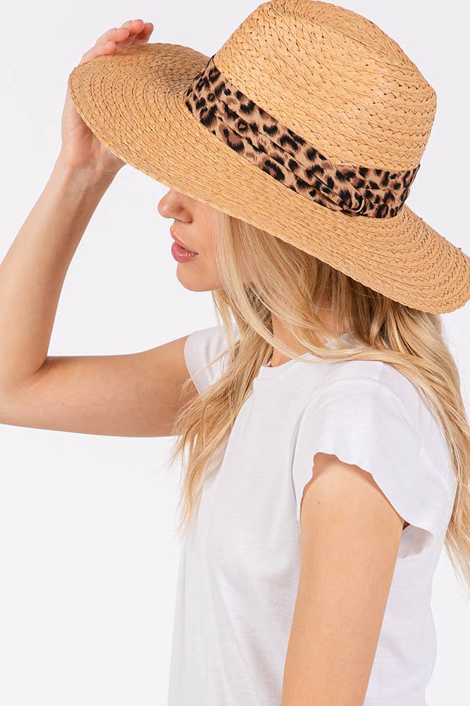 Leopard Trim Band Summer Straw Sun Hat