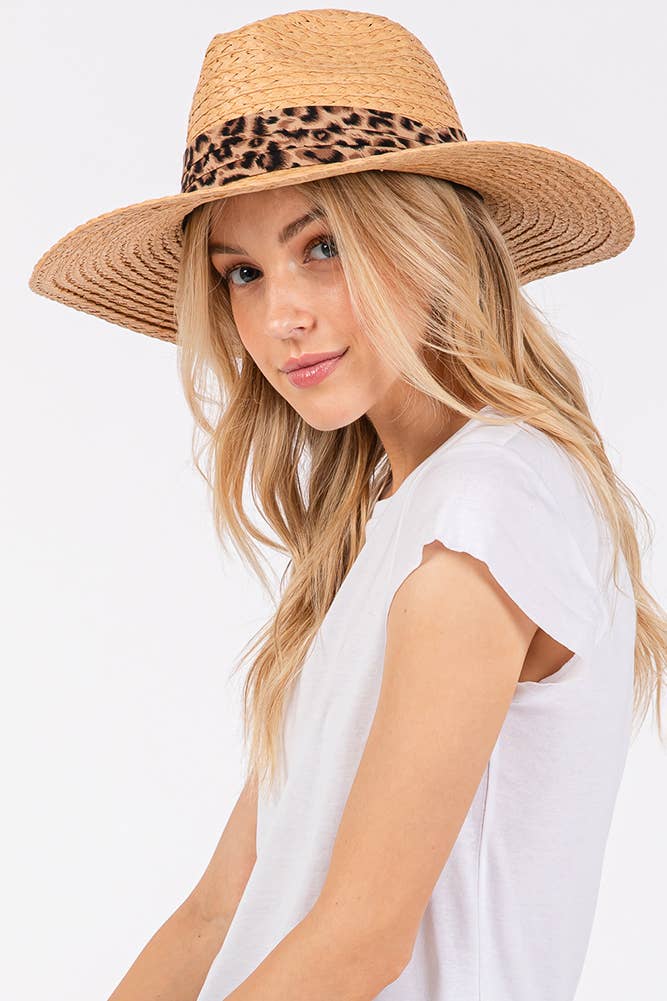 Leopard Trim Band Summer Straw Sun Hat