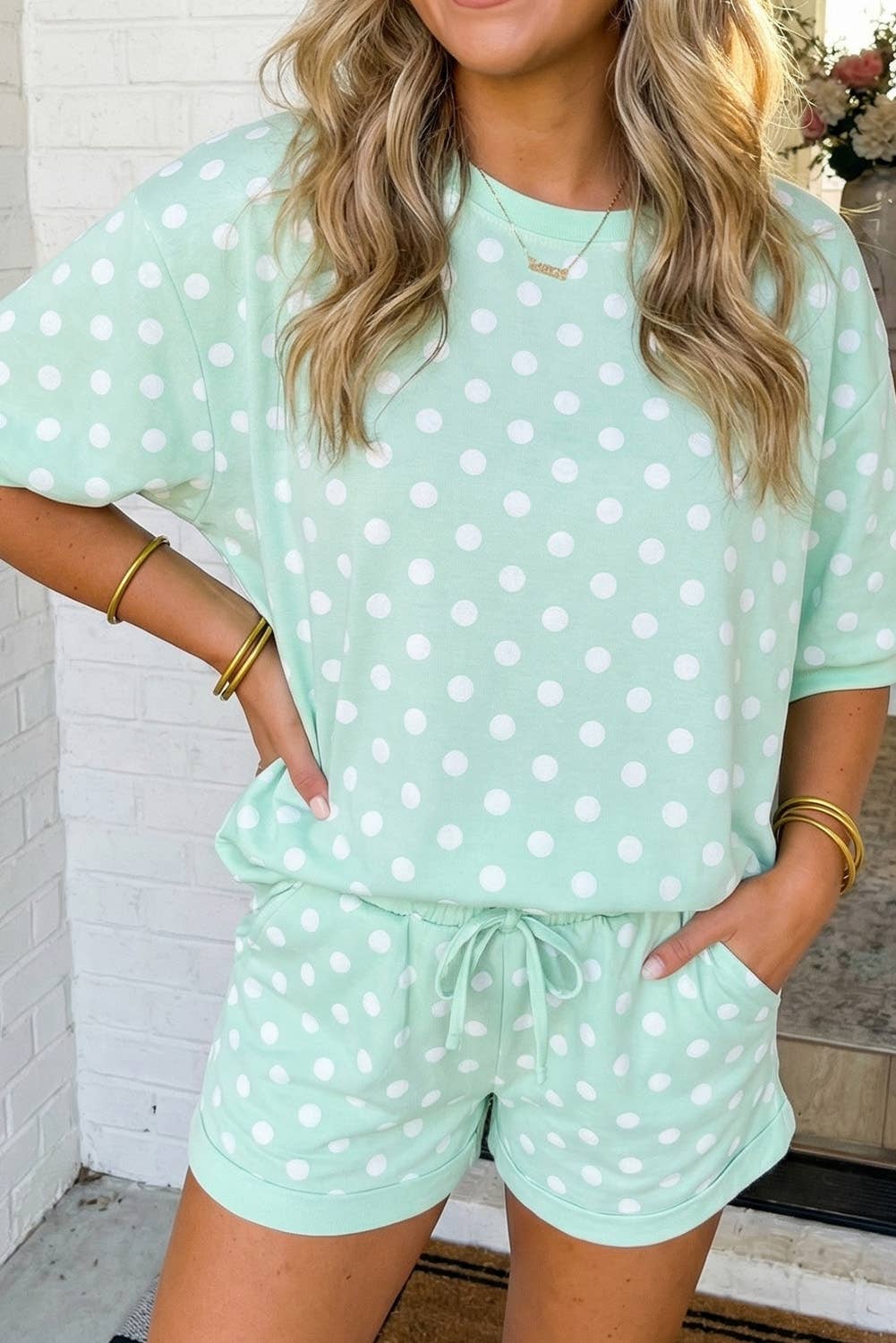 LAS-LIVE Polka Dot Print Top Drawstring Shorts Set (S-XL): Sky Blue / Missy / M