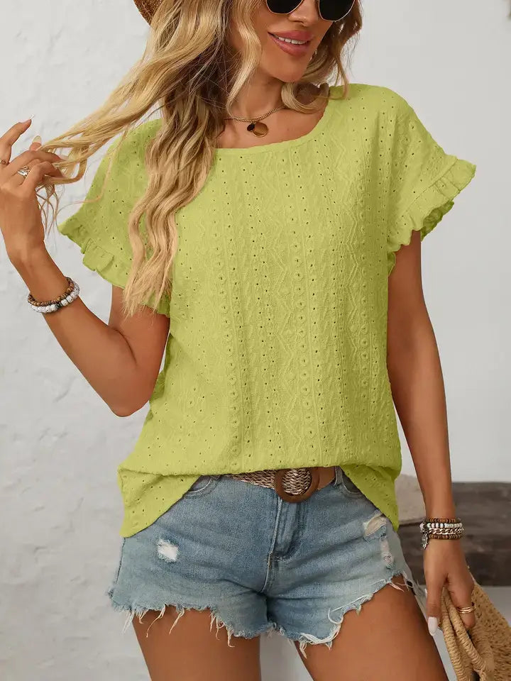 Solid Color Crewneck Hollow-Out Short-Sleeve Top: Turquoise blue / 65%Polyester+30%Viscose+5%Elastane / 2XL
