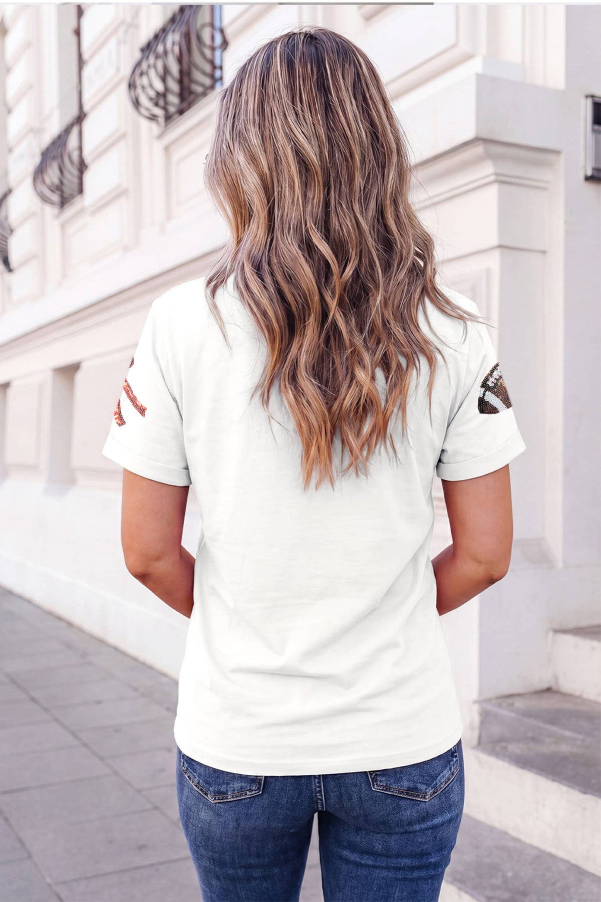 Sequin Rugby Bow Print Round Neck Graphic Shift Tee | S-3XL