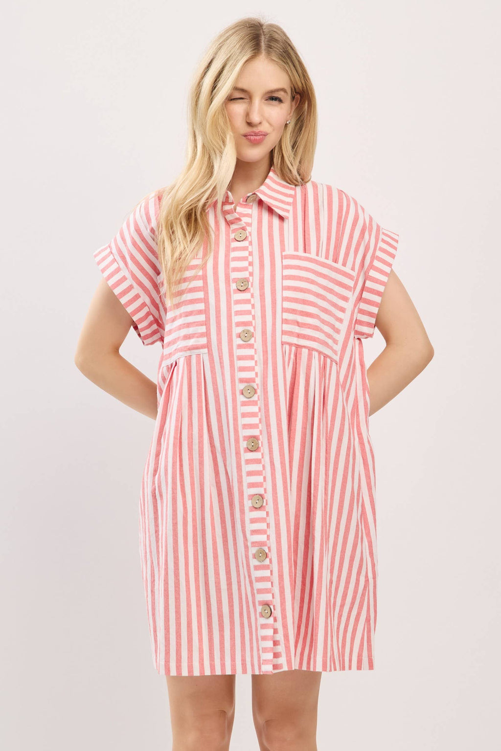 COTTON STRIPED BUTTON DOWN TUNIC DRESS